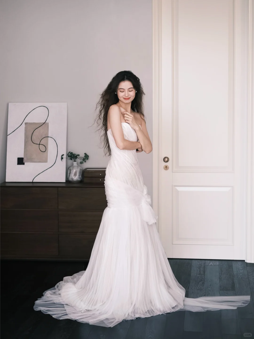 Strapless Ruched Tulle Mermaid Bridal Gown with 3D Flower & Train  NV7366