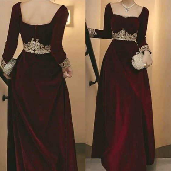 Burgundy Elegant Vintage Impressive A-Line Velvet with Appliques Long Sleeves Floor Length Round Neck Fall Long Prom Dress Formal Evening Dress Christmas Dress Halloween Wedding Guest Party Dress nv2568