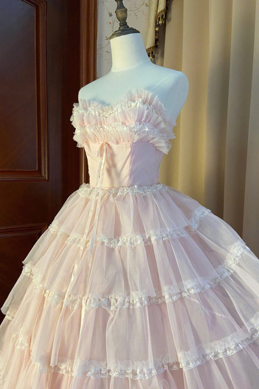 Rosa schulterfreies langes Partykleid aus mehrlagigem Tüll, wunderschönes Ballkleid, formelles Kleid nv2726