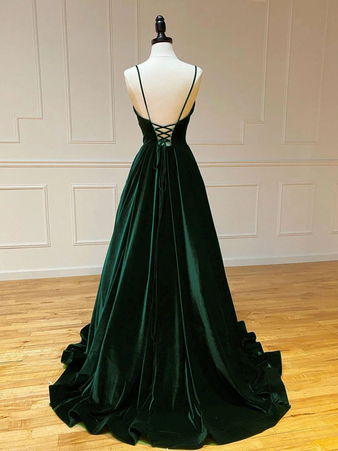 Robe de bal longue simple en velours vert A-Line, robe longue formelle verte nv1518