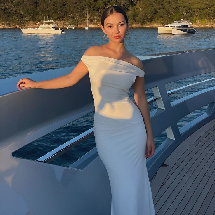 Weißes schlichtes elegantes schulterfreies langes Kleid Ballkleid Urlaubskleid Partykleid nv1829