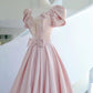 Pink Satin Long Bow Short Sleeves Ball Gown Evening Dress Wedding Party Dress nv2738