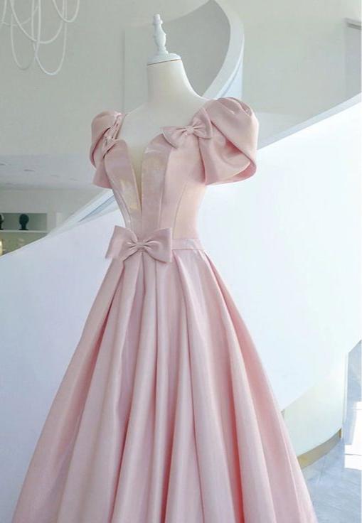 Pink Satin Long Bow Short Sleeves Ball Gown Evening Dress Wedding Party Dress nv2738