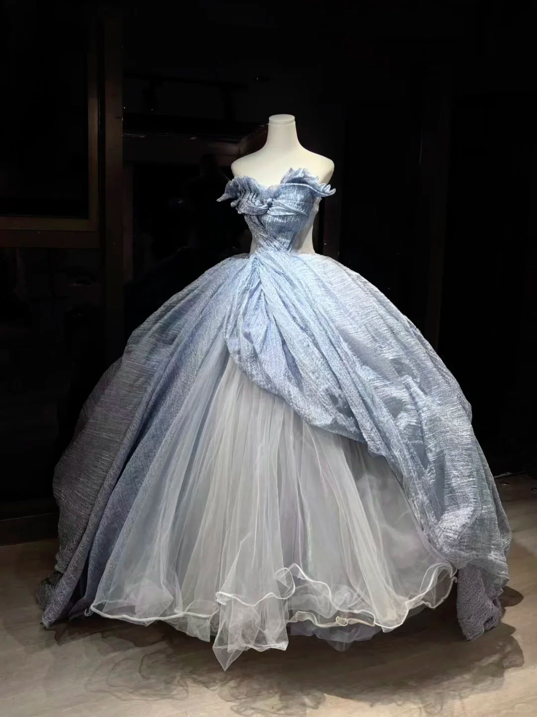 Dusty Blue Strapless Ball Gown Ruffled Corset Asymmetric Draped Tulle Cinderella Prom Dress  NV6945