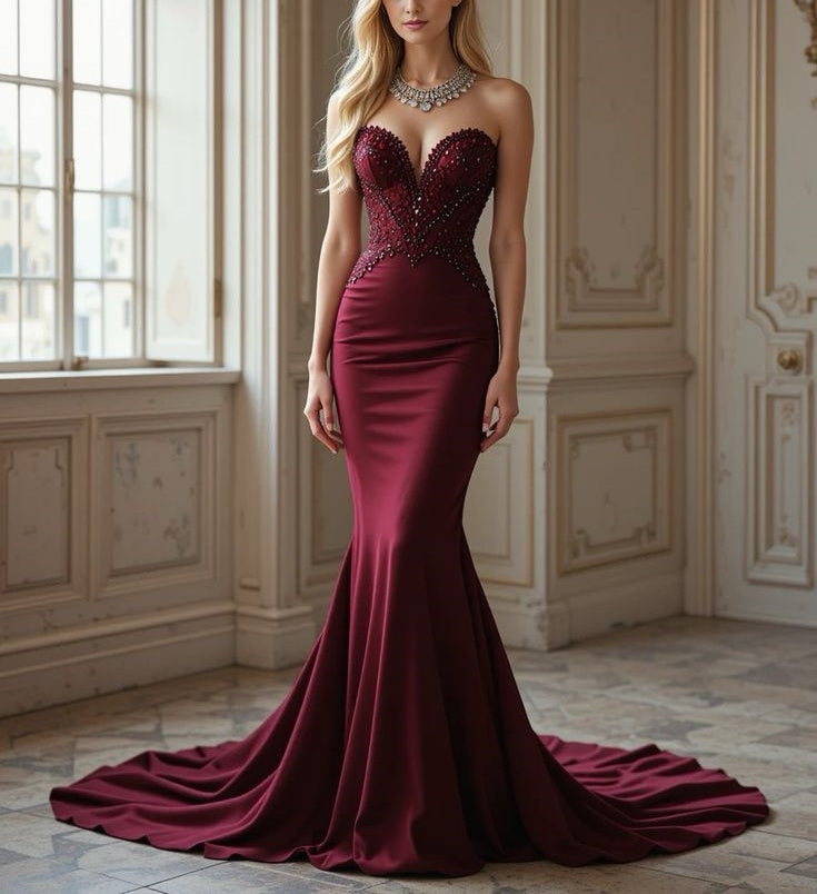NiceVestidos - Robe longue en satin bordeaux ornée de perles NV6011