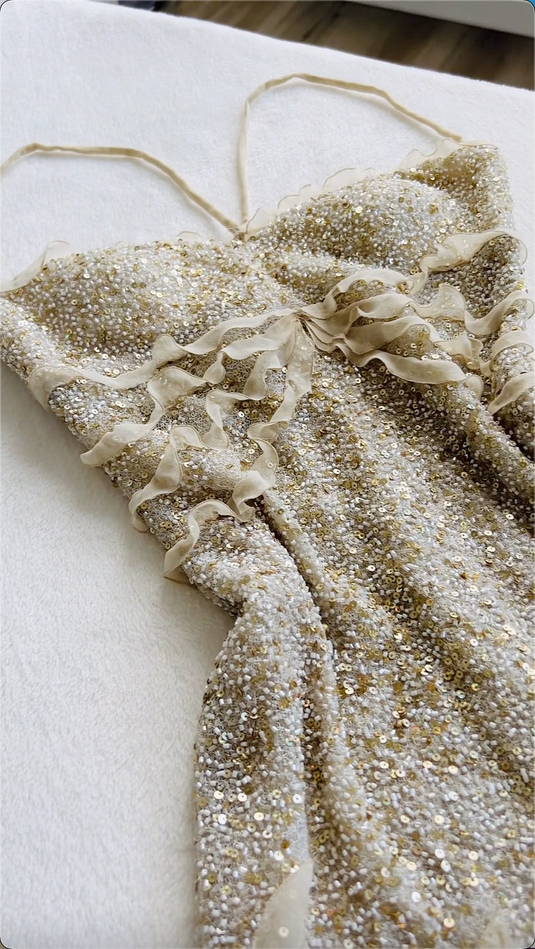 Robe de soirée longue en mousseline de soie, couleur champagne, élégante, exquise, à paillettes, sexy, fendue, robe de bal, robe de fête d'anniversaire, nv3731