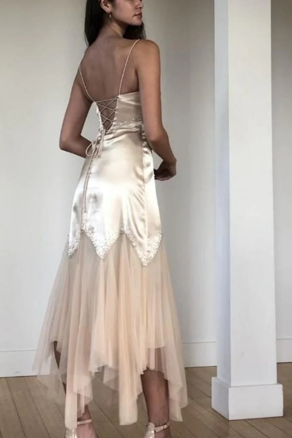 Robe de soirée longue en satin, élégante, style rétro français, couleur champagne, robe de soirée, robe de soirée, robe d'invité de mariage, nv5359