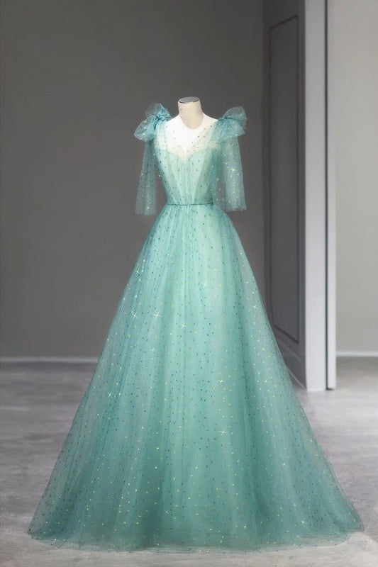 Hellgrün glänzendes elegantes süßes kurzärmeliges langes Pailletten-Tüll-Ballkleid Abendkleid Abschlusskleid Zeremoniekleid für Erwachsene nv3781