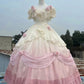 Pink/white sweet delicate applique cute long tulle prom dress evening gown nv3305