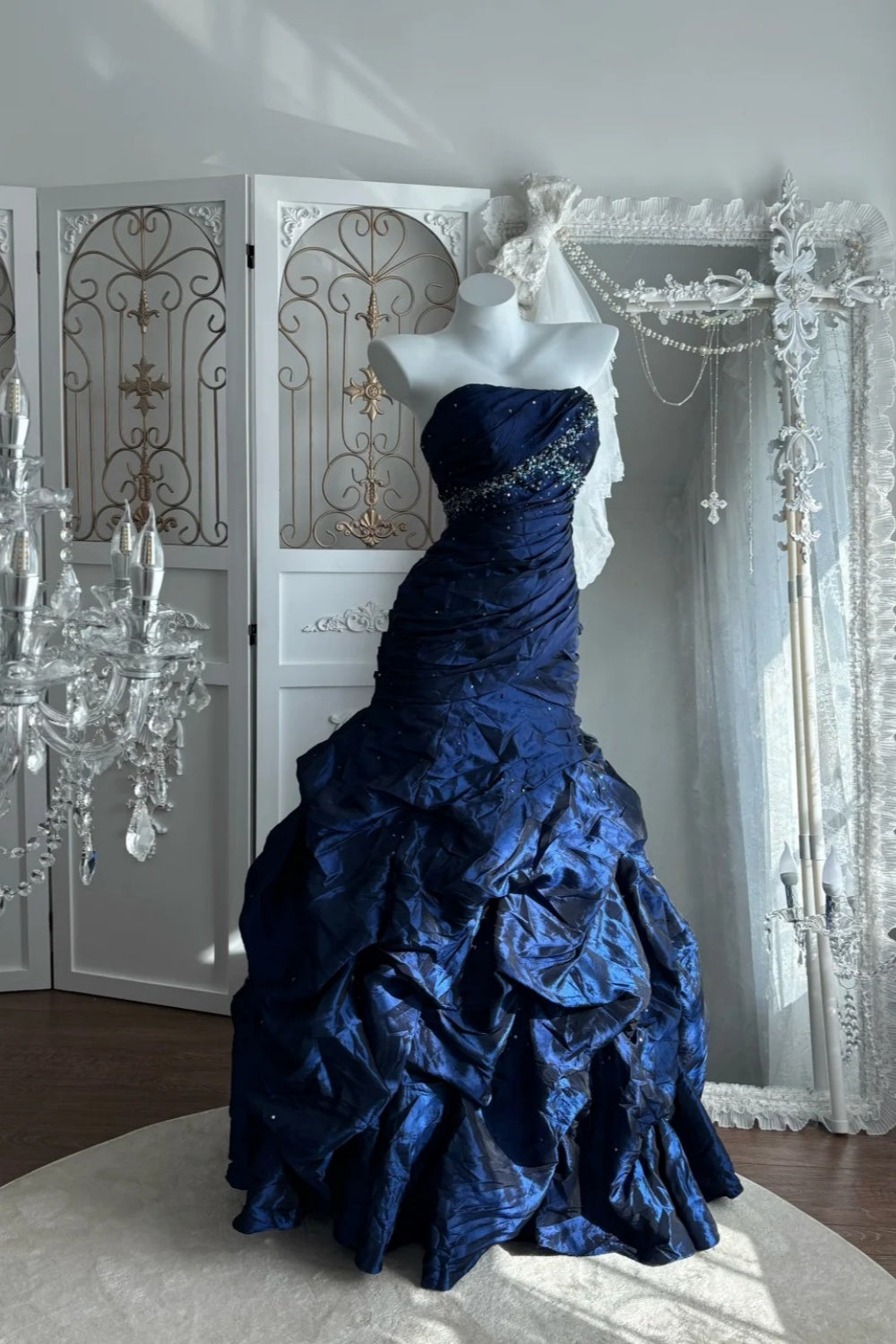 Viral Trend Royal Blue Mermaid Gown: Beaded Strapless & Ruffled Hem NV6840