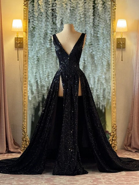 NiceVestidos – Schwarzes, glamouröses, funkelndes, modisches Pailletten-Ballkleid NV6115