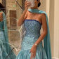 Blaues wunderschönes elegantes sexy Tube-Top mit Schleife und Strasssteinen, langer Schlitz, Ballkleid, Abendkleid, Partykleid, NV2405
