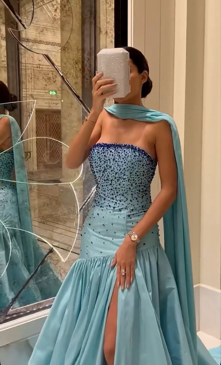 Blaues wunderschönes elegantes sexy Tube-Top mit Schleife und Strasssteinen, langer Schlitz, Ballkleid, Abendkleid, Partykleid, NV2405