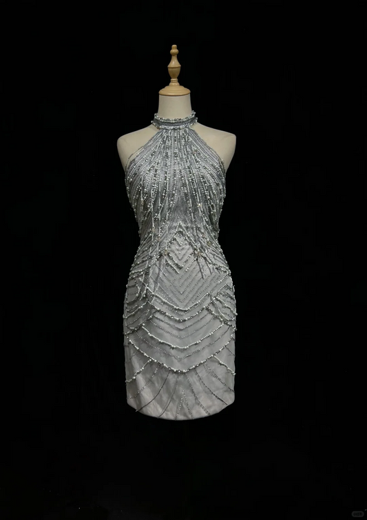 Halter Silver Grey Homecoming Dress Heavy Hand Beading Rhinestone Fringe Sheath Short Formal Gown  NV6886