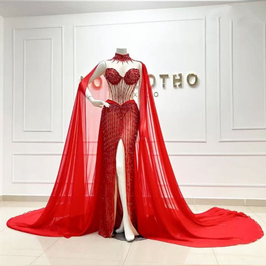 Red gorgeous shiny beaded tube top long slit sexy ball gown evening dress party dress nv3255