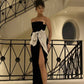 Black tube top bow stylish elegant long satin high slit ball gown evening dress party dress nv3145