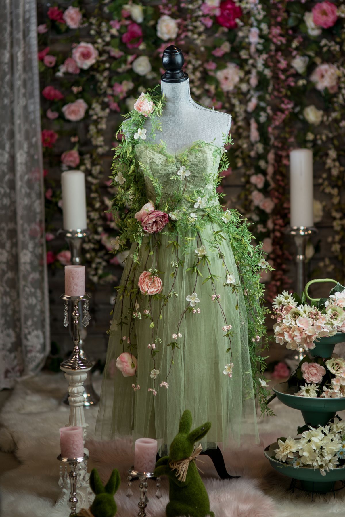 Grünes, exquisites, geblümtes, mittellanges Tüll-Feenkleid für den Heimkehrtag, Geburtstagspartykleid, NV5286