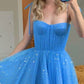 Blue Strap Sequined Midi tulle Prom Dress Evening Dress Homecoming Dress nv2696