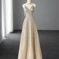 Champagne Fashion Gradient Gorgeous Exquisite Beaded A-line Sequined Long Tulle Elegant Floor-length Ball Gown Evening Dress nv3815