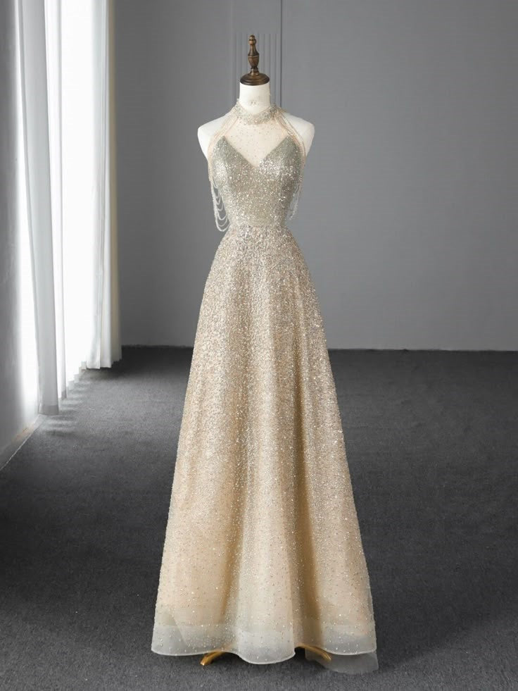 Champagne Fashion Gradient Gorgeous Exquisite Beaded A-line Sequined Long Tulle Elegant Floor-length Ball Gown Evening Dress nv3815