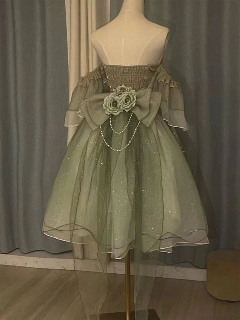 Robe de soirée courte en tulle à fleurs, verte, épaules dénudées, coupe trapèze, mini robe d'anniversaire, robe de bal, nv4172