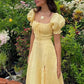 Gelbes elegantes langes Puffärmel-Schlitz-Abschlussballkleid Geburtstagskleid Abendkleid Hochzeitsgastkleid nv1710