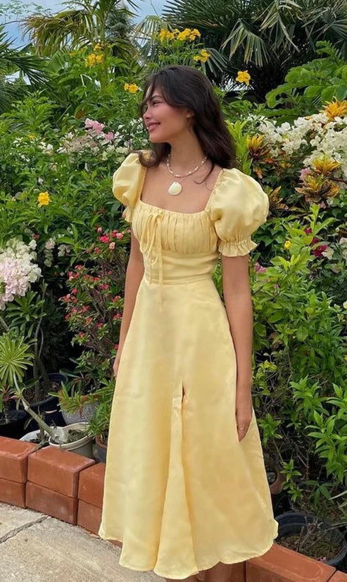 Gelbes elegantes langes Puffärmel-Schlitz-Abschlussballkleid Geburtstagskleid Abendkleid Hochzeitsgastkleid nv1710