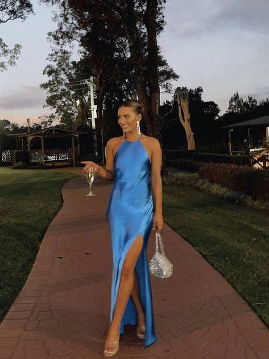 Blue fashion simple elegant sling long slit ball gown evening dress party dress nv2453