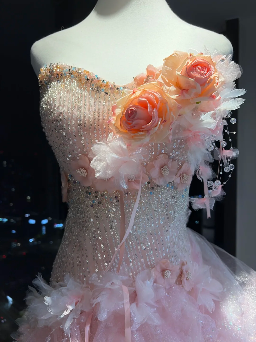 Pink Strapless Mermaid Dress 3D Floral Tiered Glitter Tulle Long Train Fairy Prom Gown  NV6936