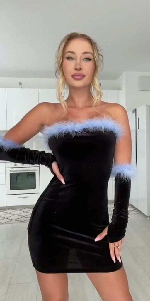 Robe de soirée courte en velours noir avec col décoratif en peluche et mini robe de soirée de Noël avec gants nv2788