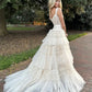 Robe de bal longue en tulle et dentelle à col en V champagne, robe de soirée champagne nv1522