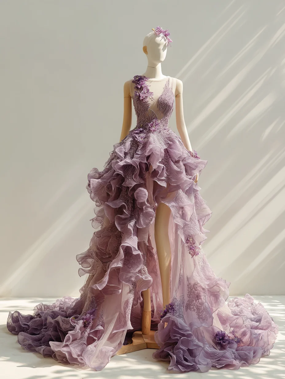 Dusty Purple One Shoulder Fairy High Low Gown with Ruffles & 3D Flowers  NV7510