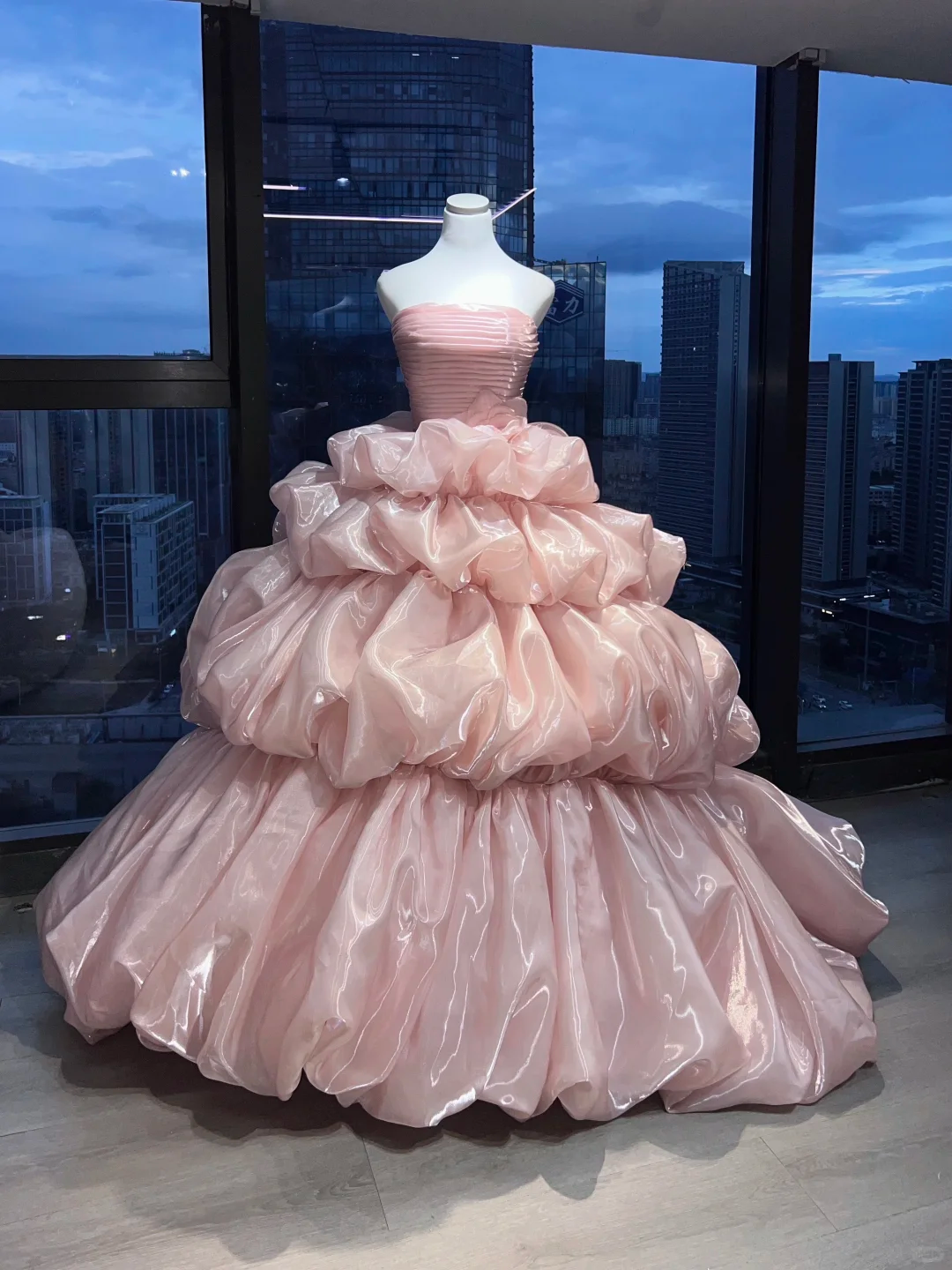 Strapless Blush Pink Ball Gown Pleated Bodice Tiered Bubble Shiny Organza Prom Dress  NV7034
