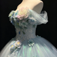 Light Lake Blue Off Shoulder Corset Ball Gown 3D Flower Iridescent Tulle Fairy Prom Dress  NV6937