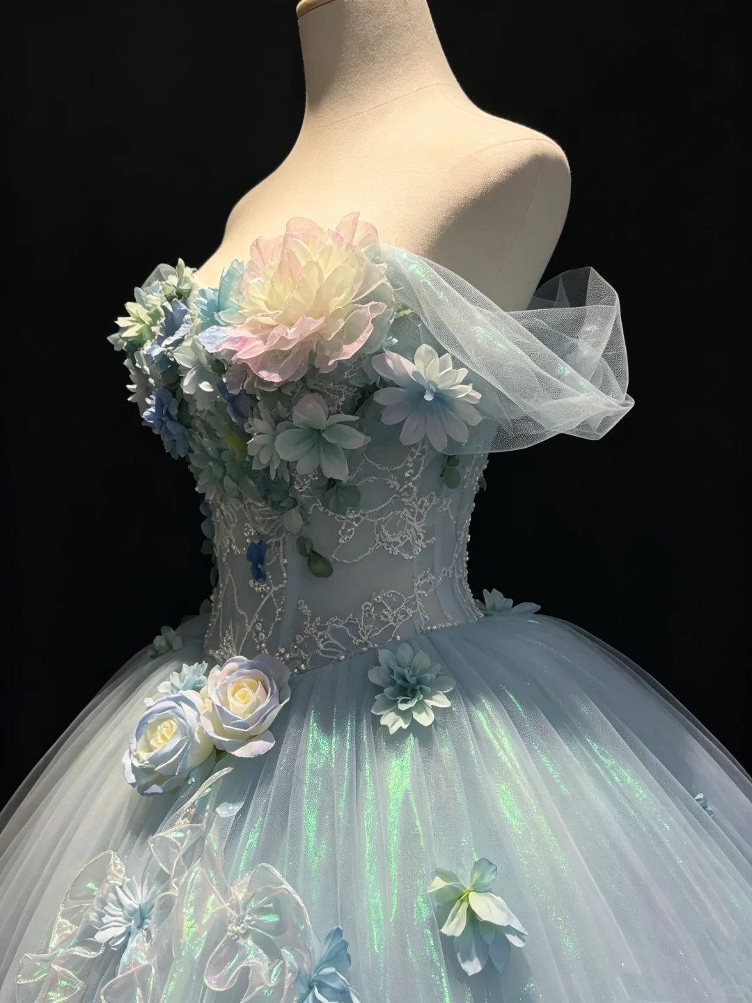 Light Lake Blue Off Shoulder Corset Ball Gown 3D Flower Iridescent Tulle Fairy Prom Dress  NV6937