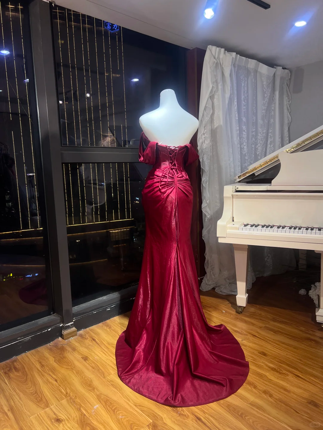 Burgundy Off Shoulder Mermaid Evening Dress, Draped Ruched Shimmer Gown With Train  NV7089