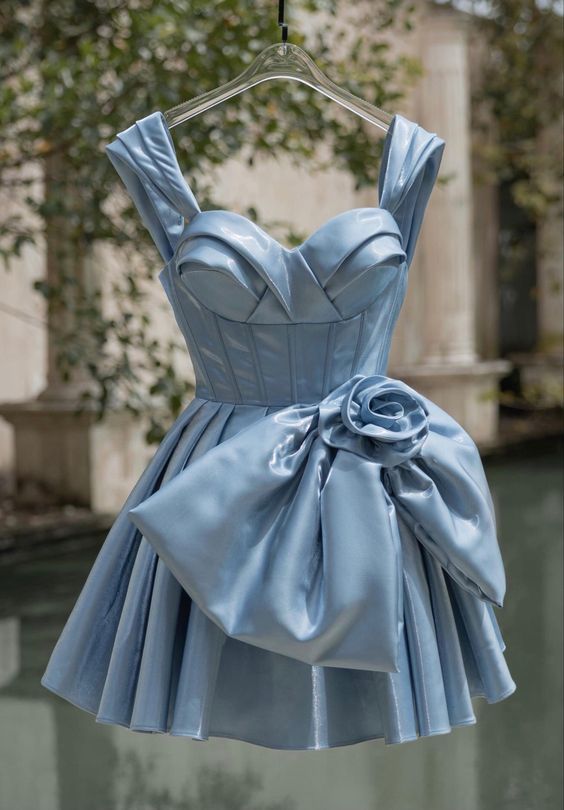 Blaues, schlichtes A-Linien-Kleid mit herzförmigem Ausschnitt und Trägern, Homecoming-Kleid, Geburtstags-Outfit, Partykleid, nv3030