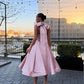 Pink Solid Sleeveless Backless Satin Bow Sweetheart Elegant A-Line Midi Ankle Length Evening Dress Wedding Guest Dress Homecoming Dress nv2512