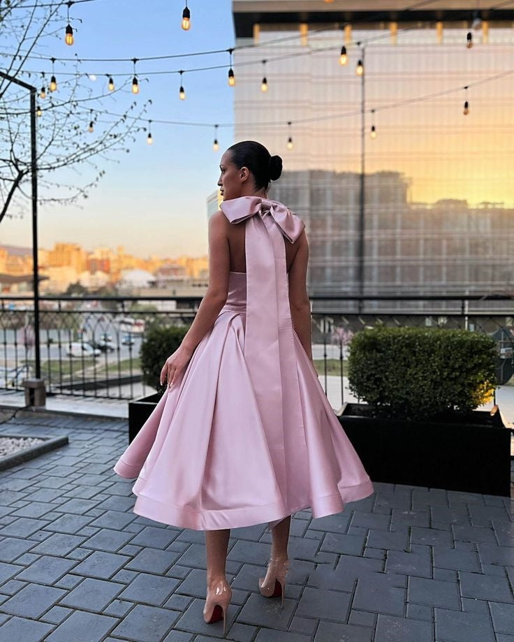 Pink Solid Sleeveless Backless Satin Bow Sweetheart Elegant A-Line Midi Ankle Length Evening Dress Wedding Guest Dress Homecoming Dress nv2512