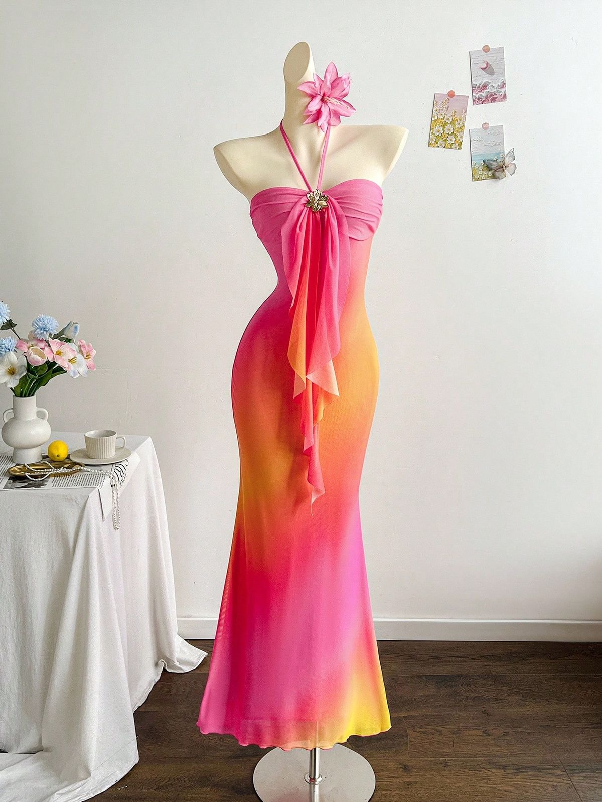 NiceVestidos – Langes Chiffon-Partykleid in Rosa und Orange mit Farbverlauf NV5962