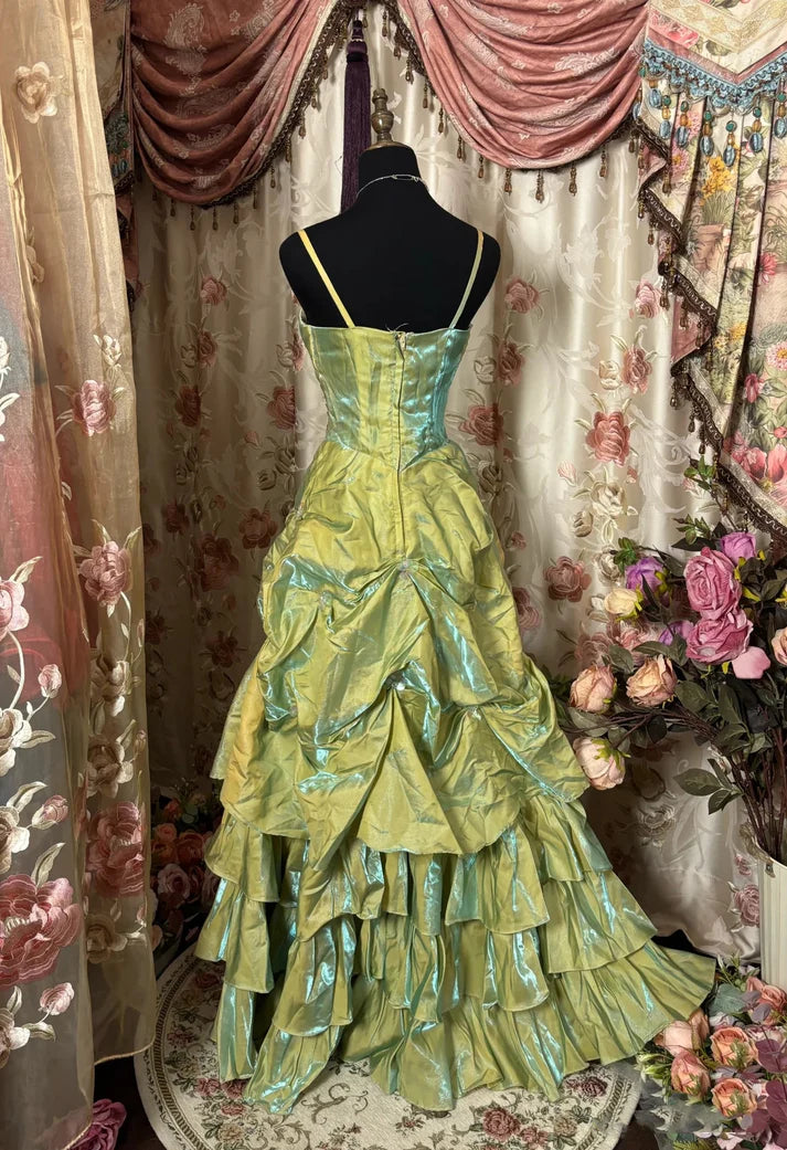 Robe de bal vintage verte scintillante, sans bretelles, longue robe de soirée en satin, nv3768