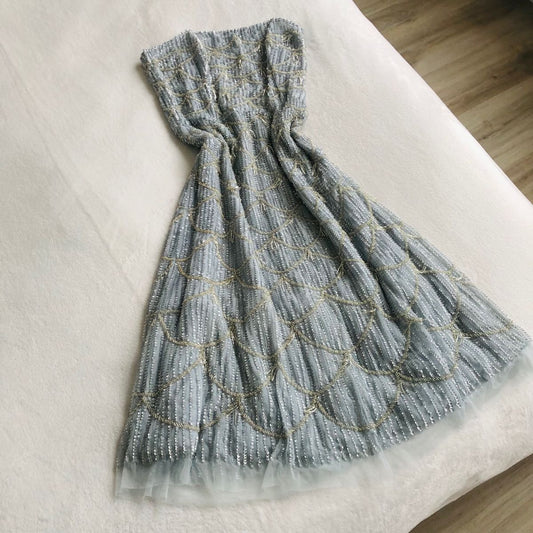 NiceVestidos--Blue and gold delicate beaded short chiffon homecoming dress NV5734