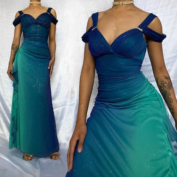 Robe de soirée élégante en mousseline de soie, longue, brillante, dégradé de mode, bretelles spaghetti, élégante, robe de bal, robe de soirée, nv3682