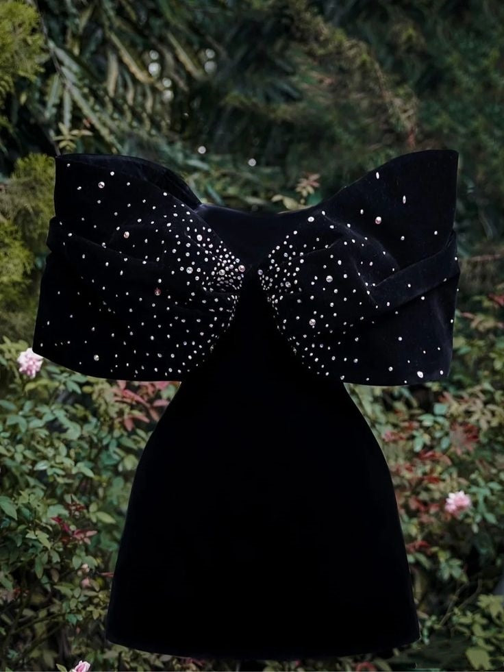 Wunderschönes schwarzes, modisches, glänzendes Paillettenkleid mit kurzer Schleife, Partykleid, Abendkleid, NV3233