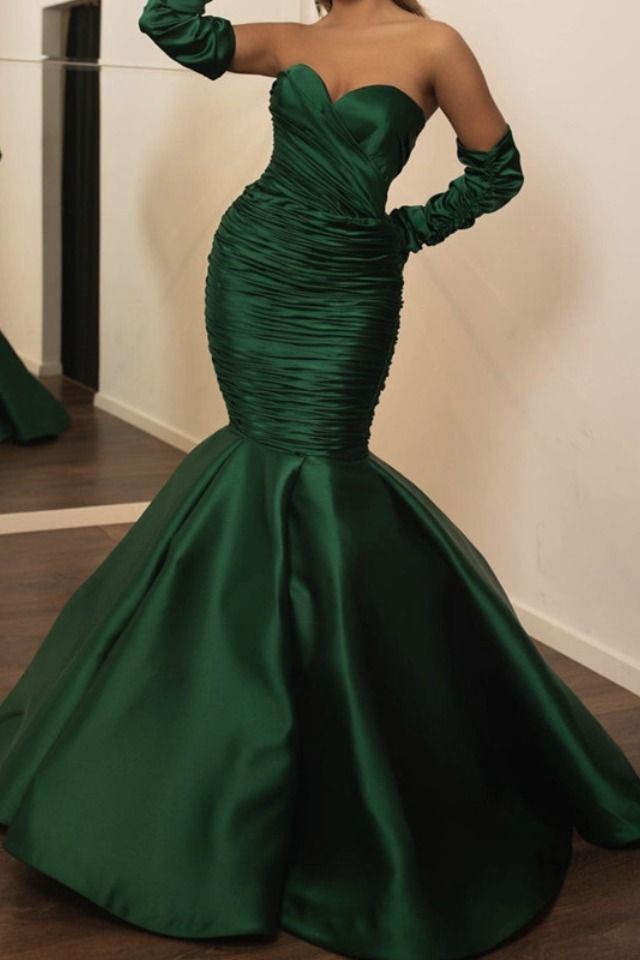 Green Fashion Sweetheart Neck Long Satin Mermaid Fishtail Skirt Ball Gown Evening Dress With Gloves nv3176