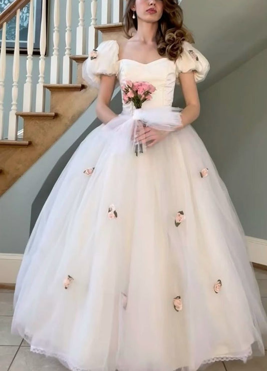 NiceVestidos -- (Inklusive Schleier) Weiß rosa Blumen Prinzessin Tüll langes Ballkleid einfaches Brautkleid NV5828