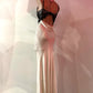 Superbe robe de soirée longue en satin noir et dentelle, dos nu, couleur crème, robe d'accompagnement nv4106