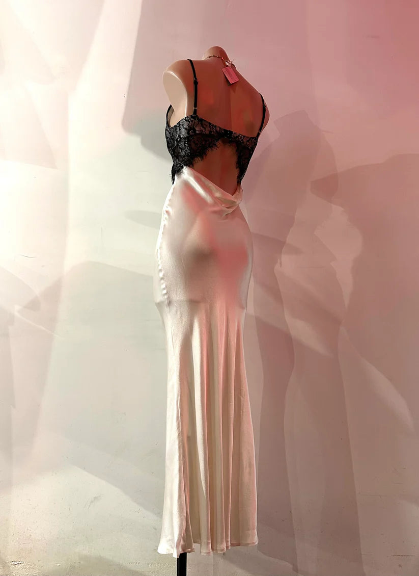 Superbe robe de soirée longue en satin noir et dentelle, dos nu, couleur crème, robe d'accompagnement nv4106