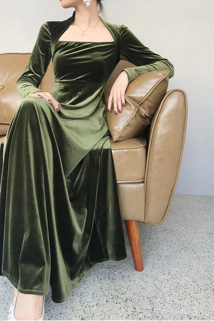 Robe de soirée trapèze en velours vert simple et élégante à manches longues nv1917