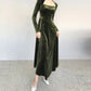Robe de soirée trapèze en velours vert simple et élégante à manches longues nv1917